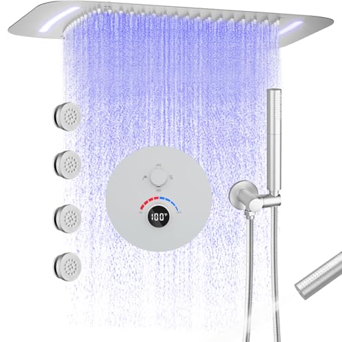 16x26" Rainfall Full Body Digital Shower System with LED Light Remote | Luxury Temperature Display Shower Faucet Set with 4 Body Jets & Dual Function Handheld Shower, Brushed Nickel - color: Brushed Nickel, style: 16x26"+4 jets