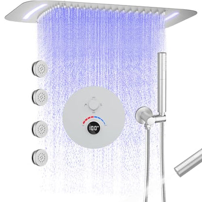 16x26" Rainfall Full Body Digital Shower System with LED Light Remote | Luxury Temperature Display Shower Faucet Set with 4 Body Jets & Dual Function Handheld Shower, Brushed Nickel - color: Brushed Nickel, style: 16x26"+4 jets