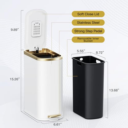 CEROELDA Small Bathroom Trash Can with Lid Soft Close-10L/2.6 Gal Slim Garbage Can-Metal Step Wastebasket-Rectangle Narrow Waste Bin for Office, Bedroom, Toilet, Live Room (White) - color: White, size: 2.6 Gallon