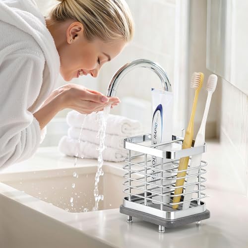 Shinowa Toothbrush Holder Wall Mounted for Bathroom 2 Slots, Silver | Stainless Steel Electric Toothbrush Toothpaste Holder with Fast Dry Tray, Adhesive and Countertop Bathroom Accessories - color: Silver