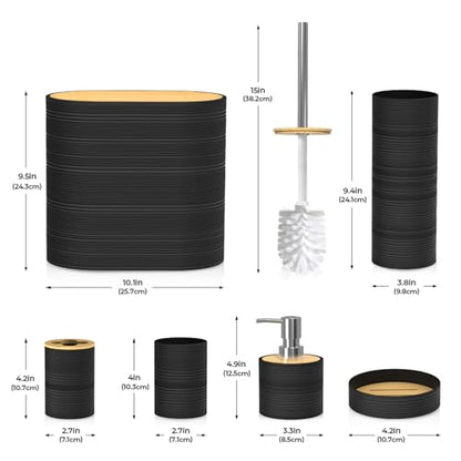 Bathroom Accessory Set, 6-Pcs Black | Trash Can, Soap Dispenser, Toothbrush Holder & Cup, Soap Dish, Toilet Brush - color: Black