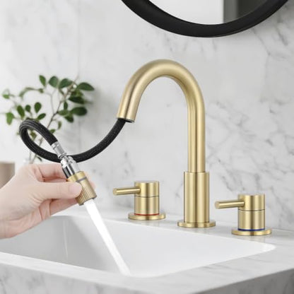 Pull-Down Bathroom Faucet 3 Hole 8 Inch with Pop-Up Drain,Brushed Gold | 360° Swivel Spoutr & Dual Modes,8" Widespread 2-Handle, Pop-Up Drain & 10-Min Install for 3-Hole Bathroom Sink Faucets. - color: Brush Gold