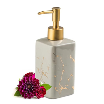 Gold Soap Dispenser for Bathroom Countertop, Square Gray Dish Soap Dispenser Pump Bottle with Golden Stripes for Kitchen Sink Laundry Shower Lotion, Ceramic Hand Dispenser Pump for Soap Liquid - color: Gray