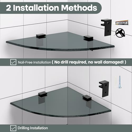Bakzon 2-Pack Glass Shelf Shower Caddie, Shower Shelves for Inside Shower, Drilling Free Adhesive Wall Mounted Bathroom Organizer Shelves with Aluminium Brackets, Black - color: Black