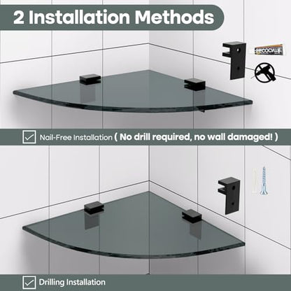 Bakzon 2-Pack Glass Shelf Shower Caddie, Shower Shelves for Inside Shower, Drilling Free Adhesive Wall Mounted Bathroom Organizer Shelves with Aluminium Brackets, Black - color: Black