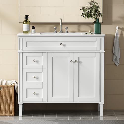 36" Bathroom Vanity with Sink, Solid Wood Frame Modern Bathroom Vanity, Bathroom Single Sink Cabinet with Charging Station, White - color: White, size: 36 inch