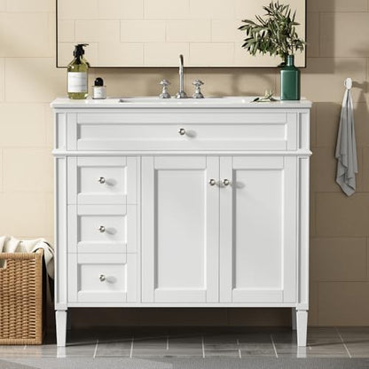 36" Bathroom Vanity with Sink, Solid Wood Frame Modern Bathroom Vanity, Bathroom Single Sink Cabinet with Charging Station, White - color: White, size: 36 inch