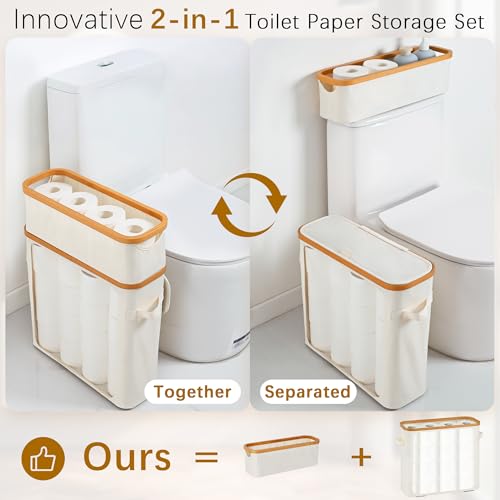 Livole Toilet Paper Storage Basket with Lid & Toilet Tank Basket | Free Standing, Large Capacity for 20 Regular Rolls or 15 Mega Rolls, Dual Handles, Clear Side Window, Bathroom, Beige - color: Beige