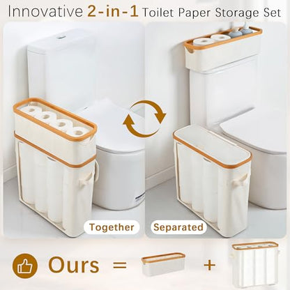 Livole Toilet Paper Storage Basket with Lid & Toilet Tank Basket | Free Standing, Large Capacity for 20 Regular Rolls or 15 Mega Rolls, Dual Handles, Clear Side Window, Bathroom, Beige - color: Beige