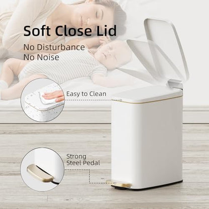 KUK Slim Bathroom Trash Can with Lid, 1.6 Gal / 6L Stainless Steel Small Garbage Bin with Detachable Inner Bucket, Step Pedal, Silent Close, Wastebasket for Toilet, Bedroom, Home, Office (White) - color: Matt White