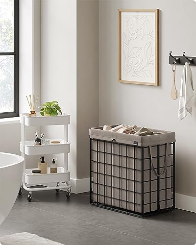 SONGMICS Laundry Hamper, 29 Gal. (110L) Laundry Basket, Collapsible Clothes Hamper, Removable and Washable Liner, Metal Wire Frame, for Bedroom Bathroom, Black and Camel Brown ULCB111N01 - color: Black + Camel Brown, size: 110 L