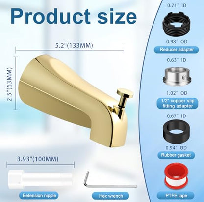 Universal Gold Tub Spout for 1/2" Copper Pipe, 1/2" IPS and 3/4" IPS, Bathtub Faucet with Diverter and Adapter and Hex Wrench (Polished Gold) - color: Polished Gold