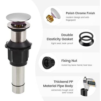 Bathroom Sink Drain Without Overflow, Chrome Bathroom Sink Stopper for Vanity Vessel Sink, Rapid Draining Stainless Steel Pop Up Drain with Hair Catcher Anti-Clog Strainer - color: Chrome