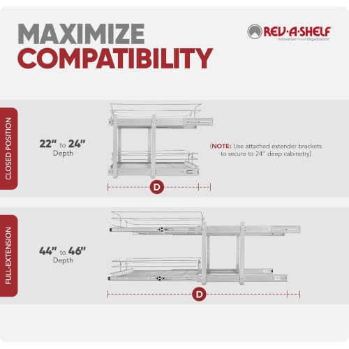 Rev-A-Shelf Pullout Organizer for Cabinets, Min Opening Width of 24" | Two-Tier Steel Shelf for Kitchen or Vanity Cabinet Organization, Heavy Gauge Wire Slide Out Storage Basket, 5WB2-2422-CR-1 - size: 24" W x 22"D, style: Two Tier