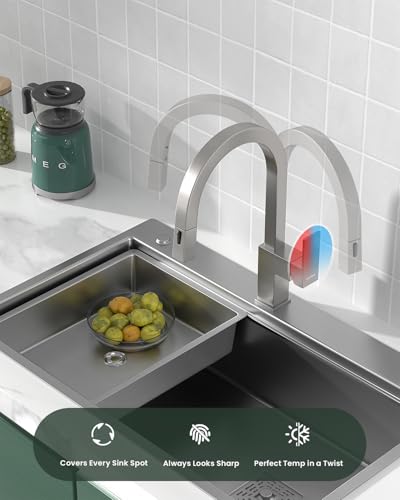 DAYONE Square Kitchen Faucet Brushed Nickel, Modern Pull Down Kitchen Sink Faucet with Spray 2 Modes, S304 Stainless Steel Single Handle Faucet for Kitchen Sink, with Square Deck Plate - color: Brushed Nickel