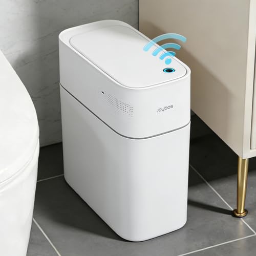JUDRDO 3.5 Gal Slim Touchless Bathroom Trash Can, Automatic Diaper Pail | Motion sensor opening, automatic liner suction, slim profile for bathrooms, bedrooms, offices, kitchens and nurseries - color: White-n21