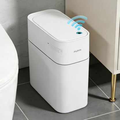JUDRDO 3.5 Gal Slim Touchless Bathroom Trash Can, Automatic Diaper Pail | Motion sensor opening, automatic liner suction, slim profile for bathrooms, bedrooms, offices, kitchens and nurseries - color: White-n21
