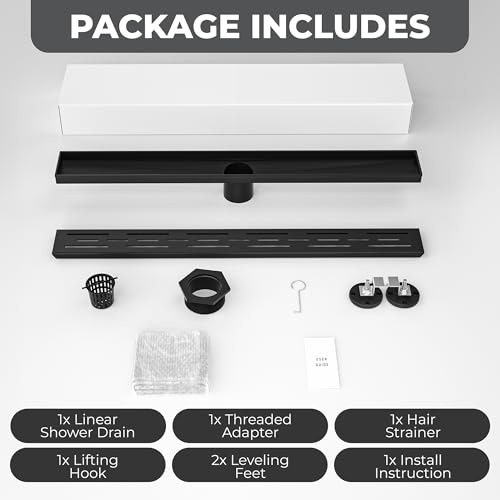 24 Inch Linear Shower Drain - Removable Brick Pattern Grate | 304 Stainless Steel Rectangular Floor Drain Set with Hair Catcher, Adjustable Leveling Feet & Adapter - color: Matte Black With Grate, size: 24 Inch