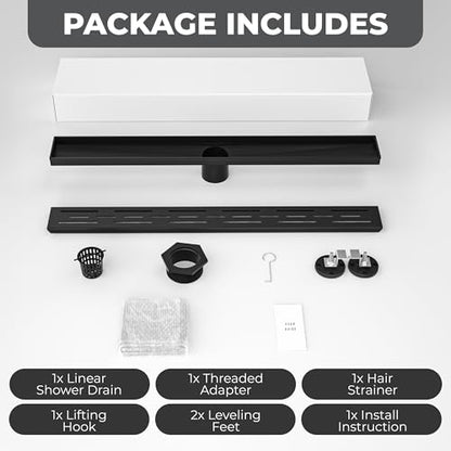 24 Inch Linear Shower Drain - Removable Brick Pattern Grate | 304 Stainless Steel Rectangular Floor Drain Set with Hair Catcher, Adjustable Leveling Feet & Adapter - color: Matte Black With Grate, size: 24 Inch