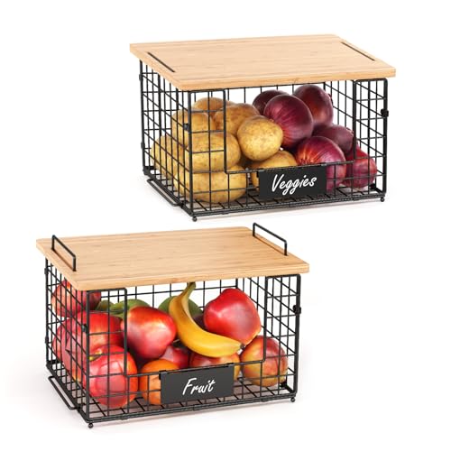 2 Pack Stackable Wire Baskets with Bamboo Top,Pantry Organizers Counter | Potato and Onion Storage Bin with Labels & 2 Pads, Kitchen Organization for Fruit, Vegetable, Produce, Bread, Cabinet - size: XXL-15.2x11.02x9.84