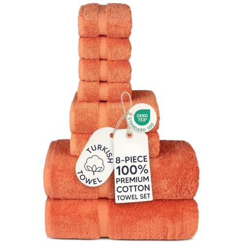 Chakir Turkish Linens Set of 8 Towel Set, 100% Cotton Luxury Turkish Towels for Bathroom, Soft Absorbent Bath Towel Set with 2 Bath Towels 2 Hand Towels 4 Washcloths, Coral - color: Coral