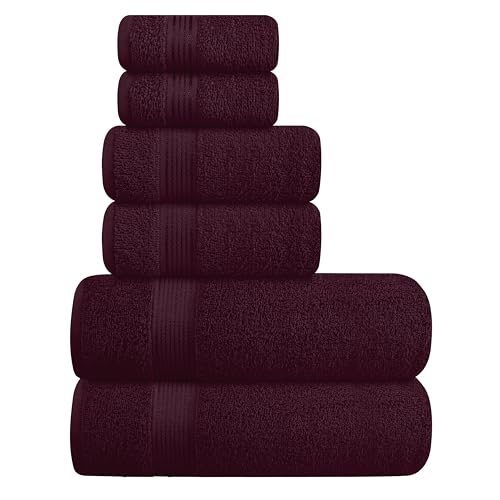 Ultra Soft 6 Pack Cotton Towel Set, Contains 2 Bath Towels 28x55 inch, 2 Hand Towels 16x24 inch & 2 Wash Coths 12x12 inch, Ideal for Everyday use, Compact & Lightweight - Burgundy Red - color: Burgundy