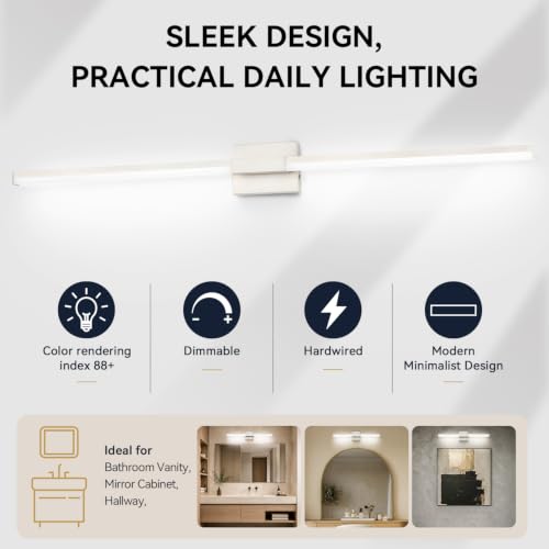 SOLFART Vanity Lighting Fixtures 48-Inch: Brushed Nickel Dimmable Bathroom Light Fixtures Over Mirror, Built-in Dimmer, Thickened Aluminum Body, 360 Degree Rotation, ETL IP44 - color: Brushed Nickel-6000K, 5-Step Brightness Control, size: 48 inch