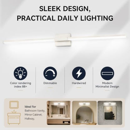 SOLFART Vanity Lighting Fixtures 48-Inch: Brushed Nickel Dimmable Bathroom Light Fixtures Over Mirror, Built-in Dimmer, Thickened Aluminum Body, 360 Degree Rotation, ETL IP44 - color: Brushed Nickel-6000K, 5-Step Brightness Control, size: 48 inch