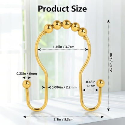 Resze Double Shower Curtain Hooks, Sturdy Metal Nickel Shower Curtain Rings, Glide Roller Shower Hooks,Rust Proof Anti-Drop Curtain Hooks, 12 Pcs Smooth Sliding Rings for Bathroom Shower Rods Curtains - color: Gold