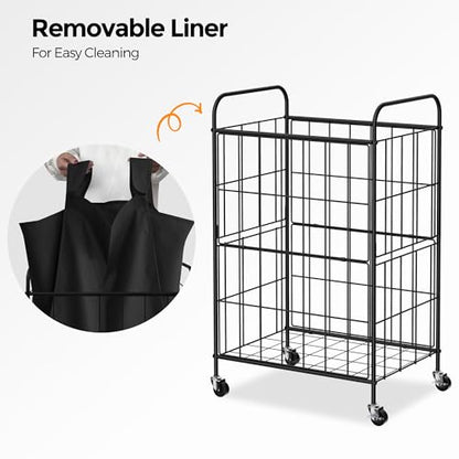 90L Laundry Hamper with Wheels, Laundry Basket with Handle and Liner Bag | Lockable Casters; Reinforced Frame; Breathable Fabric; Space-Efficient Design - color: Black, size: 90L-1 Section