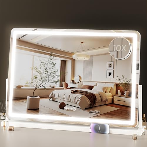 Vanity Mirror with Lights, 33"x23" Hollywood Lighted Makeup Mirror for Tabletop & Bedroom 3 Color Lighting Modes Smart Touch Control 360° Rotation Detachable - size: 33"L x 23"W