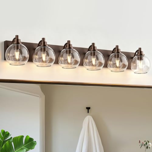 IZORRO Bathroom Light Fixtures, 6-Light Oil Rubbed Bronze Vanity Light, Modern Wall Sconces with Globe Clear Glass Shade, Vanity Lighting Fixtures Over Mirror,E26 Bulb Socket - color: Oil-Rubbed Bronze, size: 6-Light
