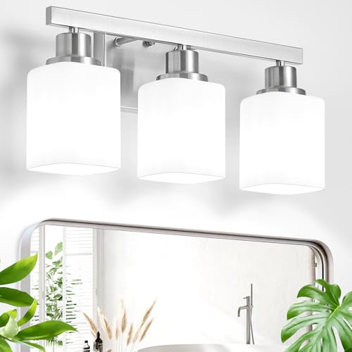 3-Light Bathroom Vanity Light,Brushed Nickel Vanity Lights with Square Frosted Glass,Modern Bathroom Wall Lights Fixtures Over Mirror,Wall Sconces Lighting for Bedroom Living Room,E26 - color: Nickel, size: 3-Light