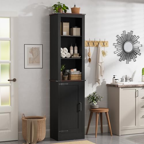 MHOM 71" Tall Bathroom Storage Cabinet. Farmhouse Storage Cabinet with Adjustable Shelves, Narrow Linen Tower Cabinet for Bathroom, Laundry, and, Living Room, Black - color: Black