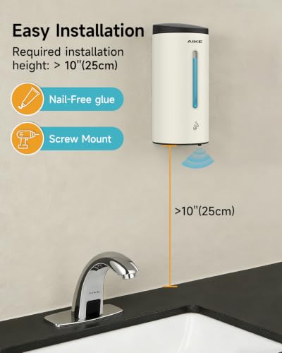AIKE Classic Automatic Soap Dispenser,25oz for Bathroom,Mattewhite AK1205E | 5-Level Adjustable and Savety Key for Commercial(4*AA Batteries Not Included),No-drill and Screw Wall Mount for Space-Saving - color: Mattewhite Stainless Steel
