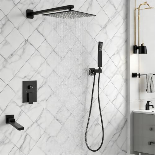 12 inch Square Shower Head and Handheld Set, Gasecoet Shower System with Tub Spout Wall Mounted Shower Faucet for Bathroom - Matte Black (With Shower Valve) - color: Matte Black, style: 3 Setting-12in