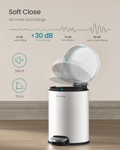 SONGMICS Bathroom Trash Can, 1.6 Gallon (6 L) Small Toilet Garbage Bin with Lid, Soft-Close, Stainless Steel, Pedal, Inner Bucket, Bedroom, Cloud White ULTB016WZ01 - color: Cloud White