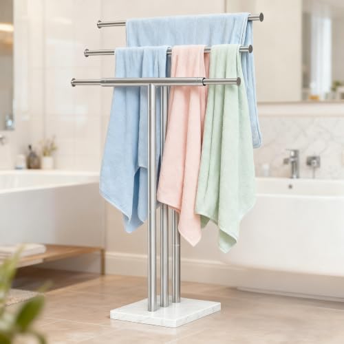 ELYKEN Standing Towel Rack for Bathroom, Adjustable 3-Tier Towel Stand | Weighted Marble Base, Brushed Stainless Steel, Freestanding Design, Holds Bath Towels, Rust Resistant, Ideal for Bathroom - size: 3 Tiers