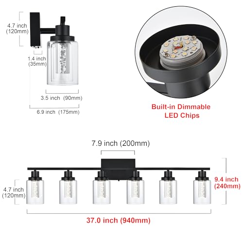 MELUCEE 6-Light Black LED Vanity Lights for Bathroom,3000K-6000K | Dimmable Bathroom Light Fixtures with Crystal Bubble Clear Glass Shade, LED Wall Light Fixture Built-In LED Chips - color: Black, size: LED-6 Lights