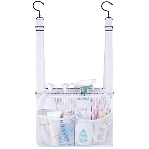 4 Storage Pockets Adjustable Hanging Mesh Bathroom Bag, Shower Caddy College with Hooks, Applied to College Dorm Rooms, Gym, Swimming and RV Travel (White) - color: White