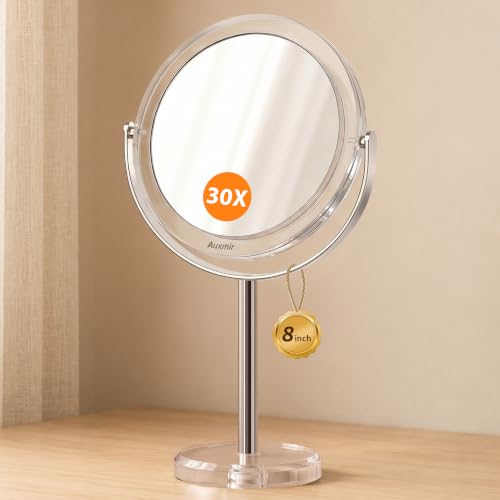 Auxmir 1X/30X Double-Sided Makeup Mirror, 8" Magnifying Mirror | 360°rotation, tweezers, vanity desk table stand travel, stainless steel and ABS construction, 30X magnification - color: 1x/30x-8 Inch