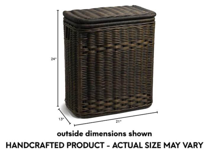 The Basket Lady Narrow Wicker Rectangular Laundry Hamper, Walnut Brown | Outside: 21" L x 13" W x 24" H, 2.7 cu-ft capacity, Removable fabric liner, Handcrafted, Fully-assembled, Natural rattan - color: Antique Walnut Brown