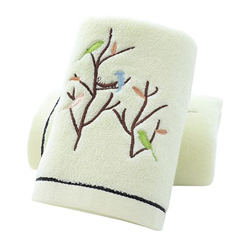 Hand Towels Set of 2 Embroidered Bird Tree Pattern 100% Cotton Absorbent Soft Decorative Towel for Bathroom (Light Yellow) - color: 2 Light Yellow, size: 13.8 x 29.5
