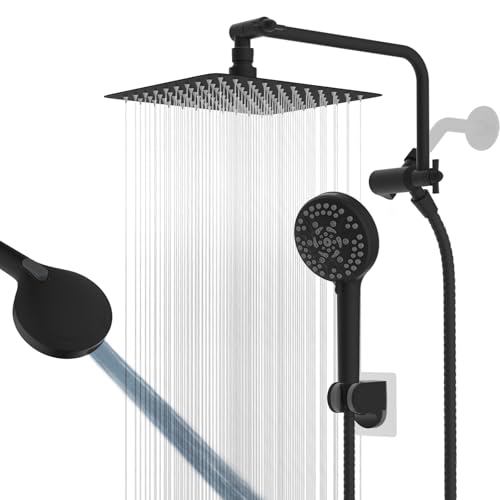 10" Metal Rainfall Shower Head with 10-Mode Handheld, Matte Black | NSF/ANSI/CAN 372 Certified, High Pressure Showerhead Combo with 11" Adjustable Shower Arm, 71" Hose, Shower Head Holder - color: Matte Black, style: Square 10"