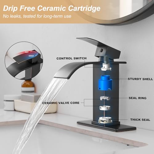 Bathroom Sink Faucet Waterfall Single Handle with Deck Plate | Oil Rubbed Bronze,Pop Up Drain,Single Hole,Precise Water Adjustment,Rust-resistant Construction,Easy to Clean,Long-time Use - color: Oil Rubbed Bronze, size: Modern Bathroom Sink Faucet