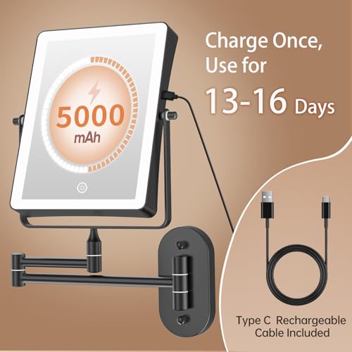 FASCINATE 8.7" 5000mAh Rechargeable Wall Mounted Makeup Mirror (Black) | Double Sided Touch Switch 1X 30X Rectangle Magnifying Mirror with Light, 3 Color Setting, Extended Arm 360° Swivel Foldable - color: Black a