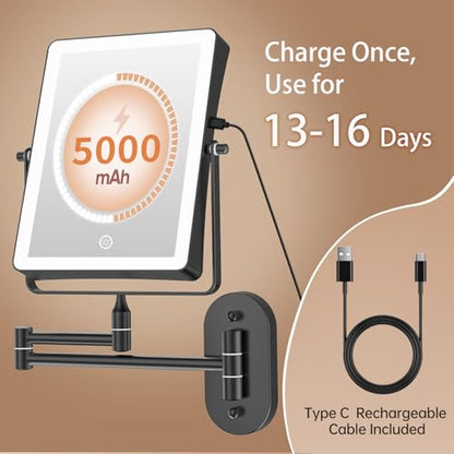 FASCINATE 8.7" 5000mAh Rechargeable Wall Mounted Makeup Mirror (Black) | Double Sided Touch Switch 1X 30X Rectangle Magnifying Mirror with Light, 3 Color Setting, Extended Arm 360° Swivel Foldable - color: Black a