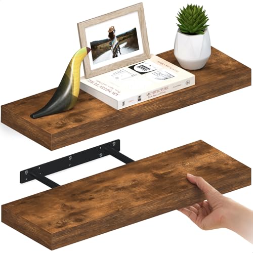Ballucci Floating Shelves for Wall, 24" Wood Wall Shelf Set of 2, with Invisible Brackets for Bathroom, Living Room, Bedroom, Kitchen, Nursery, 8" Deep, Rustic Brown - color: Rustic Brown, size: 23.6 in (1.5)