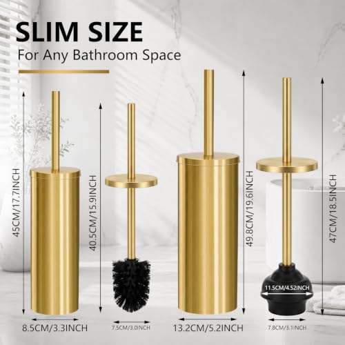 Gold Toilet Plunger and Brush Set, 2 Piece Stainless Steel Bathroom Cleaning Combo with Holder, Modern Luxury Gold Finish Cleaning Toilet Tools for Bathroom Deeply Clean and Decor