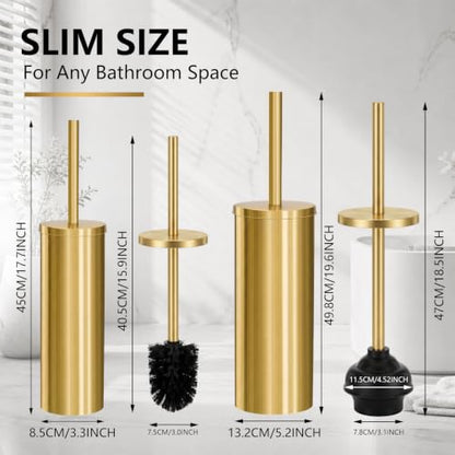 Gold Toilet Plunger and Brush Set, 2 Piece Stainless Steel Bathroom Cleaning Combo with Holder, Modern Luxury Gold Finish Cleaning Toilet Tools for Bathroom Deeply Clean and Decor